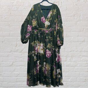 4X (FITS LIKE A 3X) Green Chiffon Floral Print Lantern Sleeve Maxi DressNWT